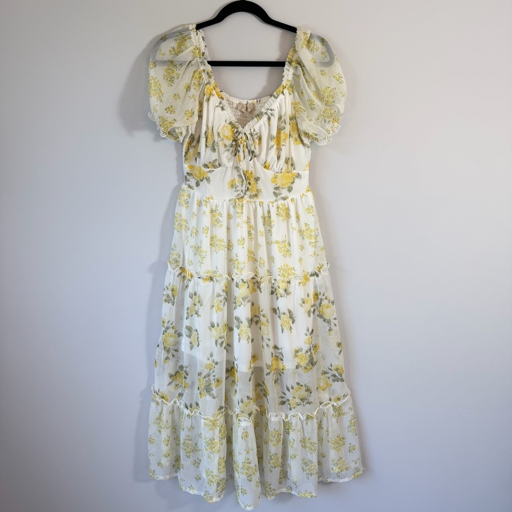 NWT Indulge Yellow Floral Midi Dress Cottagecore‎ Puff Sleeve Milkmaid Peasant L